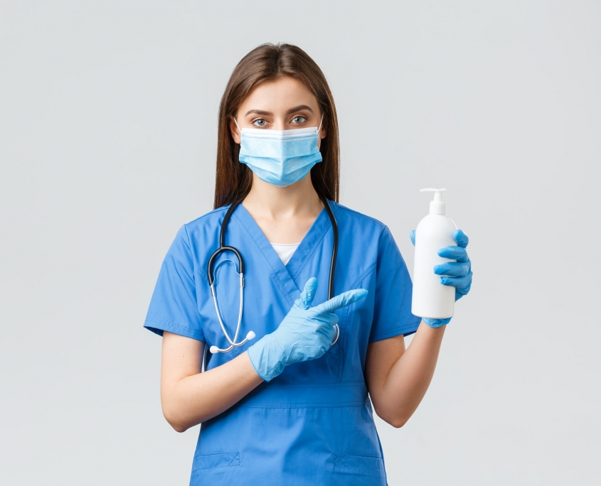 Covid-19, preventing virus, health, healthcare workers and quarantine concept. Young pretty female